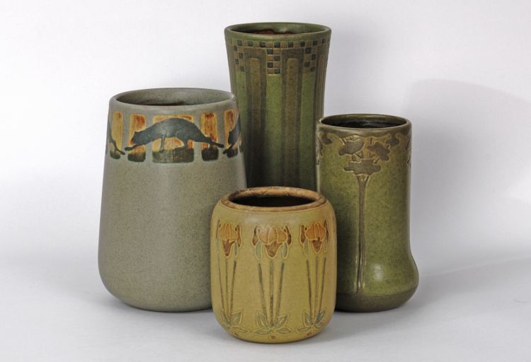 A grouping of 4 hand-decorated vases from the Marblehead Pottery of Marblehead Massachusetts from the collection of the Two Red Roses Foundation