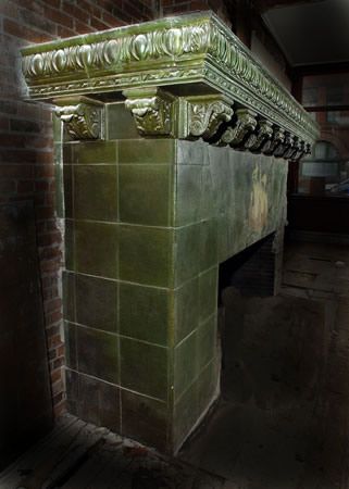Side view of Grueby fireplace as it was originally installed