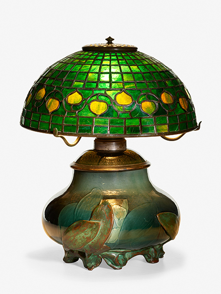 Fig. 1 - Sea green lamp, Kataro Shirayamadani for Rookwood Pottery Company, base, and Tiffany Studios, shade, 1901, glazed earthenware, copper electrodeposit, and leaded glass, 14” H. TRRF Collection.
