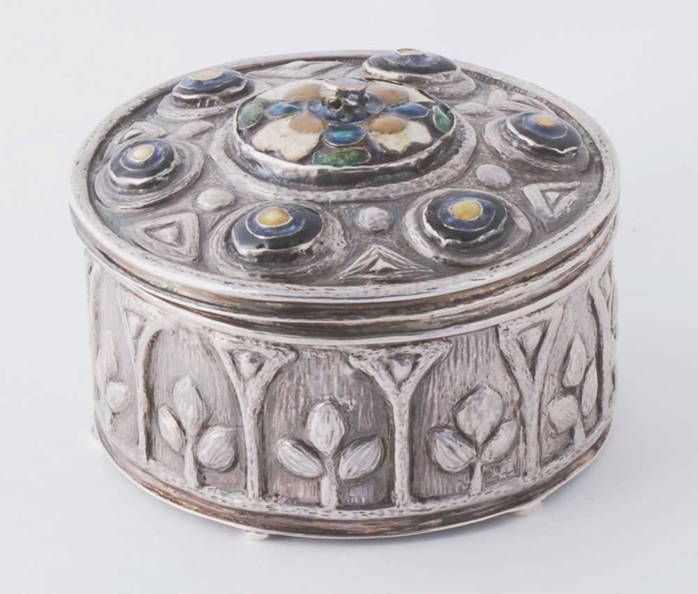 Round hinged box - Silver, enamel, repousse work. 2 ¾ x 4 ½ diam. C 1903-1907. Elizabeth S. Copeland