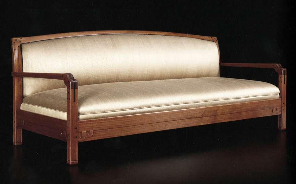 Greene & Greene Living Room Sofa, ca. 1913, Honduran mahogany, ebony, silk. Produced in the workshop of John and Peter Hall, Pasadena, California.