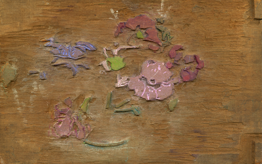 Detail of one side of one of three woodblocks Margaret Patterson used to create the print Petunias - 2 Detail of one side of one of three woodblocks Margaret Patterson used to create the print Petunias - 2