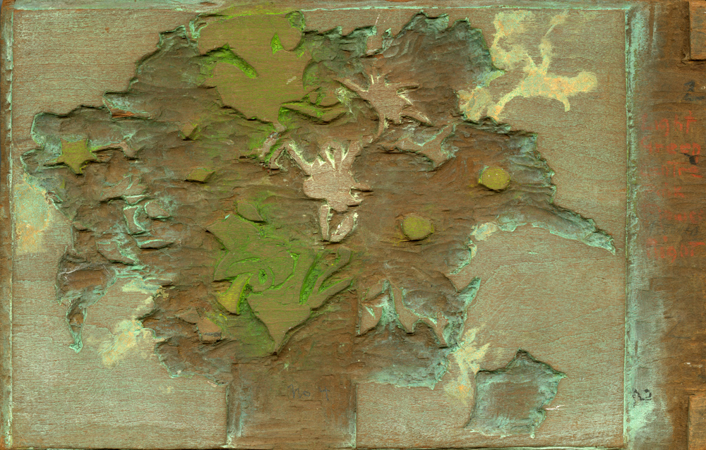 Detail of one side of one of three woodblocks Margaret Patterson used to create the print Petunias - 3 Detail of one side of one of three woodblocks Margaret Patterson used to create the print Petunias - 3
