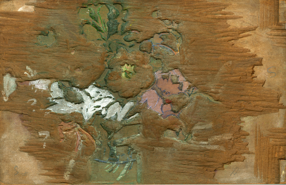 Detail of one side of one of three woodblocks Margaret Patterson used to create the print Petunias - 4 Detail of one side of one of three woodblocks Margaret Patterson used to create the print Petunias - 4
