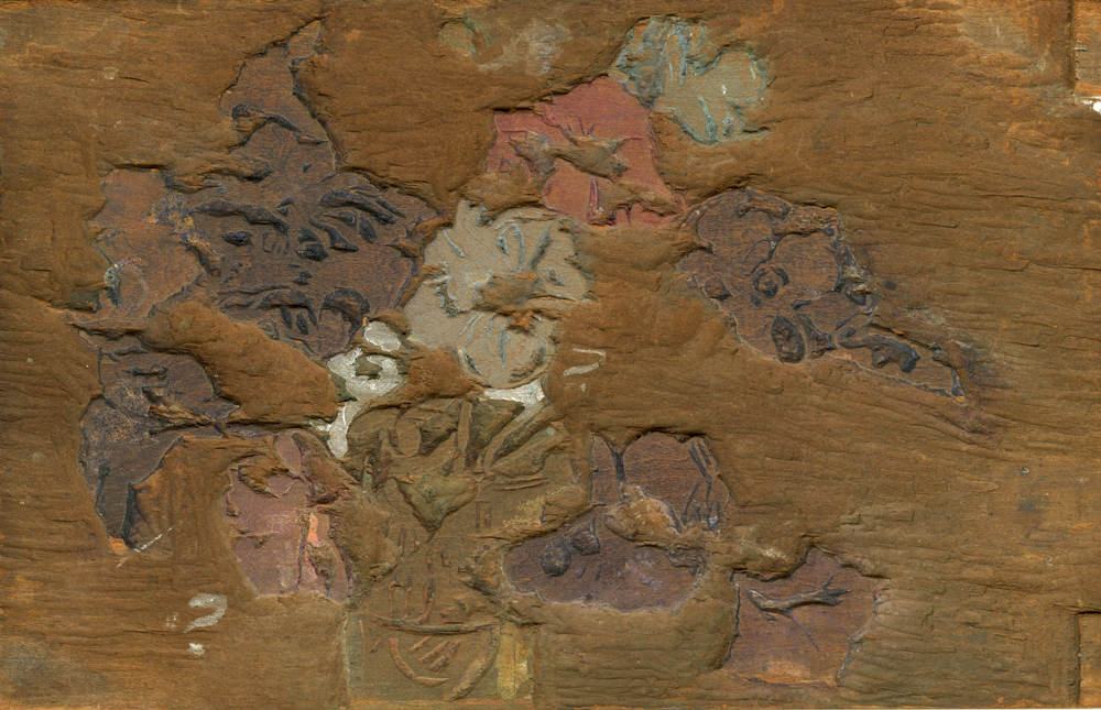 Detail of one side of one of three woodblocks Margaret Patterson used to create the print Petunias - 5 Detail of one side of one of three woodblocks Margaret Patterson used to create the print Petunias - 5
