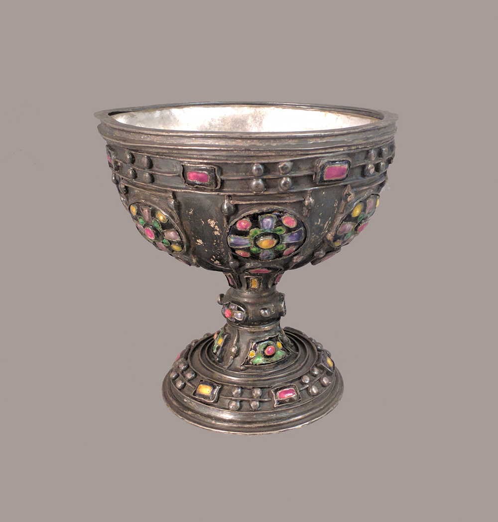 Copeland Arts and Crafts Chalice, silver and enamel with liner and rim with spout, c. 1910, 6