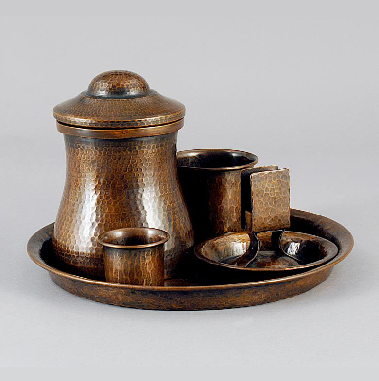 Gustav Stickley Smoking Set, Craftsman Workshops, Eastwood, NY, c. 1910, Hammered Copper, Impressed als ik kan