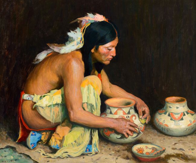 &quotThe Pottery Maker" - 1923 - Eanger Irving Couse, depicting a Plains Indian, Jerry Mirabal of Taos Pueblo, in Couse's trademark kneeling pose.