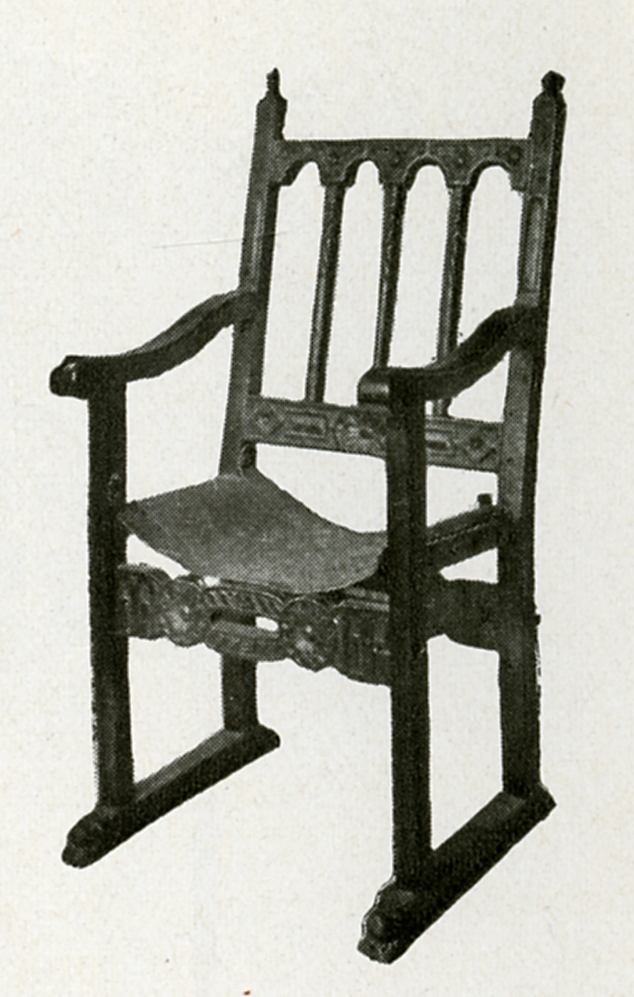 16th Century Spanish chair with slung leather seat, from H.D. Eberlein and A. McClure, “Spanish Tables and Seating Furniture of the 16th and 17th Centuries,” House & Garden Vol. 33 (Feb. 1918), p. 39. TRRF Library