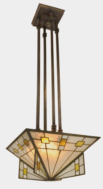 Full view of chandelier for the Emil T. Mueller house, La Crosse, Wisconsin. 1915-1916. Slag, craquelure glass and metal.