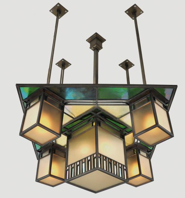 Chandelier, ca. 1902. Colored and iridescent glass, metal.