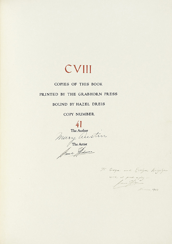 Ansel Adams' Taos Pueblo - Colophon page signed by both Ansel Adams and Mary Austin