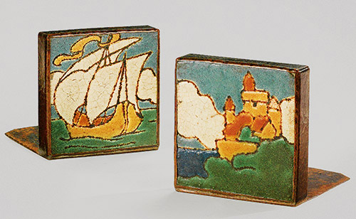 Copper Bookends by Dirk van Erp with Grueby Tiles