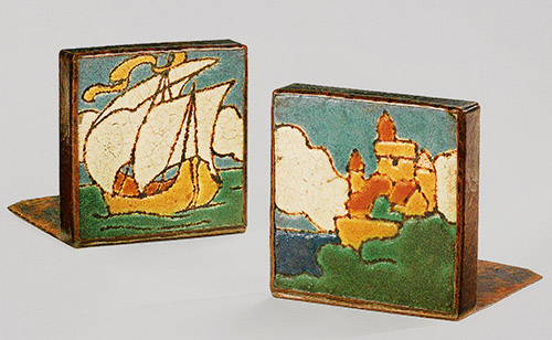 Copper Bookends by Dirk van Erp with Grueby Tiles Copper Bookends by Dirk van Erp with Grueby Tiles