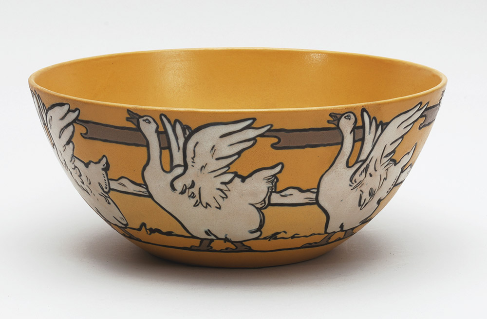 Fig. 3 - Bowl with design of conventionalized geese, 1914. Attributed to Edith Brown, American (born Canada), 1872-1932, designer. Fannie Levine, American, c. 1895-1961, maker. Paul Revere Pottery, Boston, MA, manufacturer. Glazed earthenware. 11 ⅝ inches high. TRRF Collection.