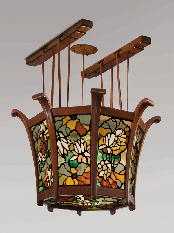 Greene & Greene, Lotus Lantern from the Robert R. Blacker house, Pasadena, California, c. 1907, various hardwoods, leaded opalescent and iridized cathedral glass. Two Red Roses Foundation collection.