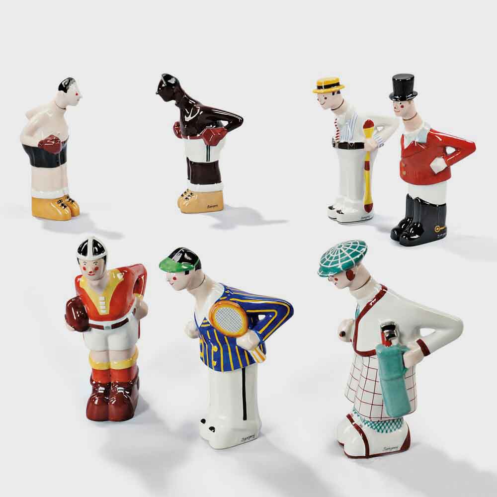 Seven Sportsmen Ceramic Decanters, Glazed Ceramic, France, 20th Century, A very rare set of anthropomorphic containers representing sports figures: tennis player, rugger, huntsman in his 