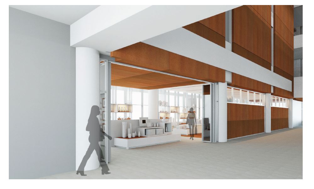Rendering of the main entrance of the museum retail store.